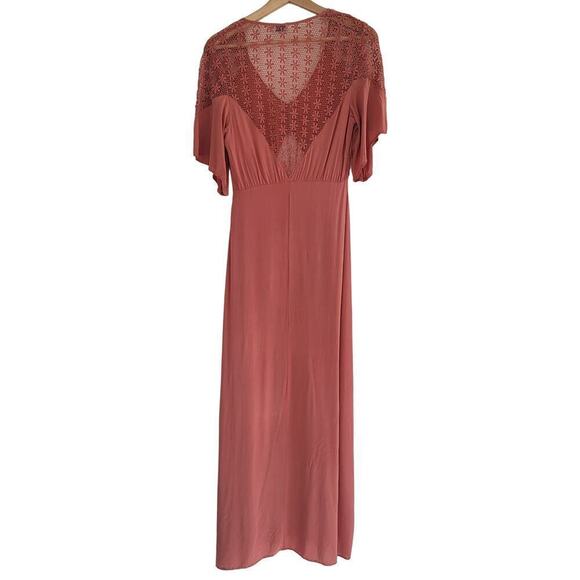 Tobi Coral Pink Lace Cuttout Button Front Accent Sheere Back Slit Maxi Dress S - Picture 8 of 15